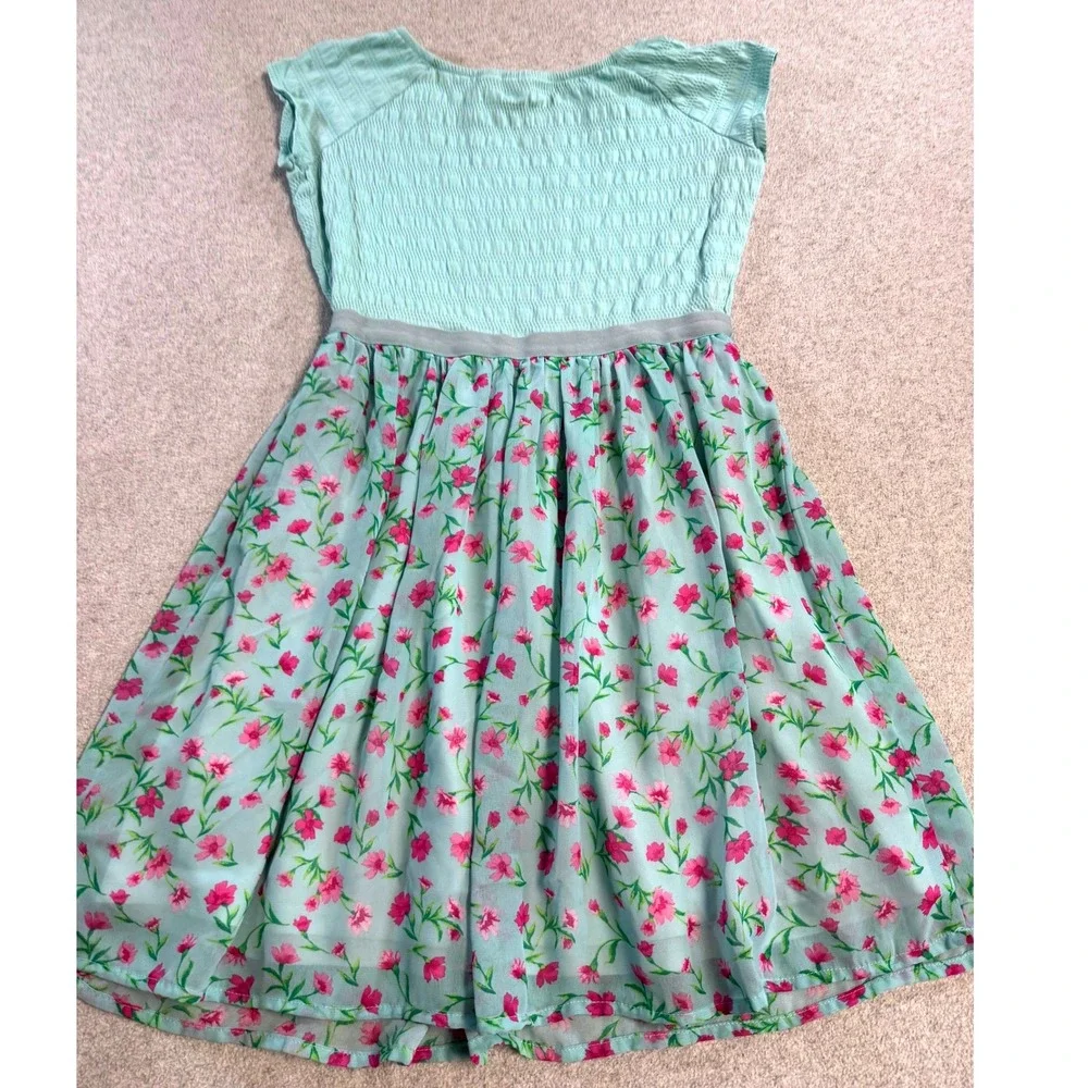 Girls Childrens Place Floral Dress Size L Green Pink Flutter Sleeve‎ Twirl Party